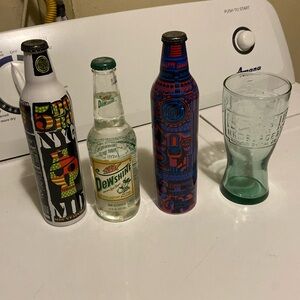 Vintage Mountain Dew bottles set of 3 and one 1948 McDonald's glass cup